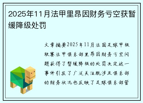 2025年11月法甲里昂因财务亏空获暂缓降级处罚